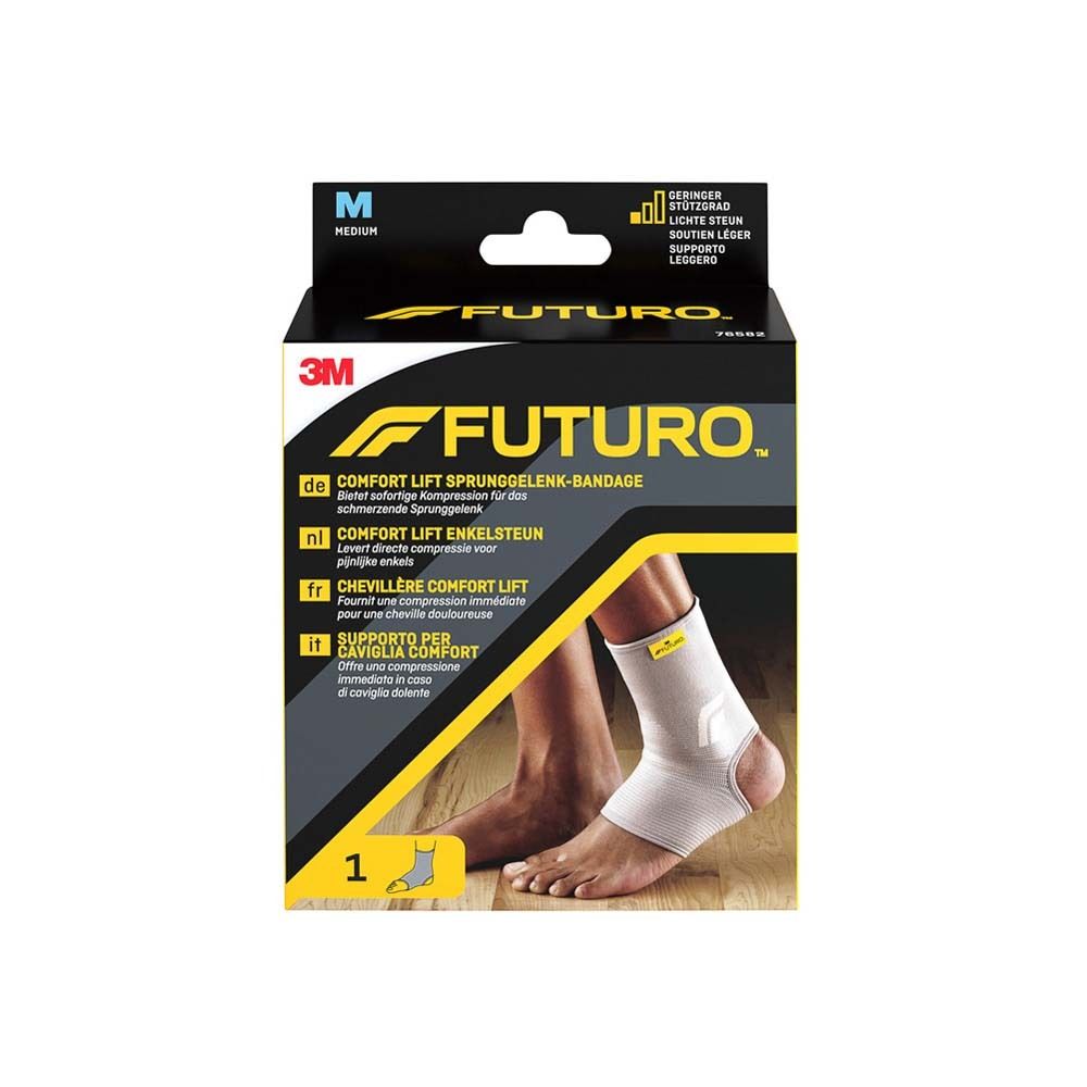 3M FUTURO Comfort Lift Knöchelbandage, Größe M, in Verpackung. Beige Bandage am Fuß abgebildet.