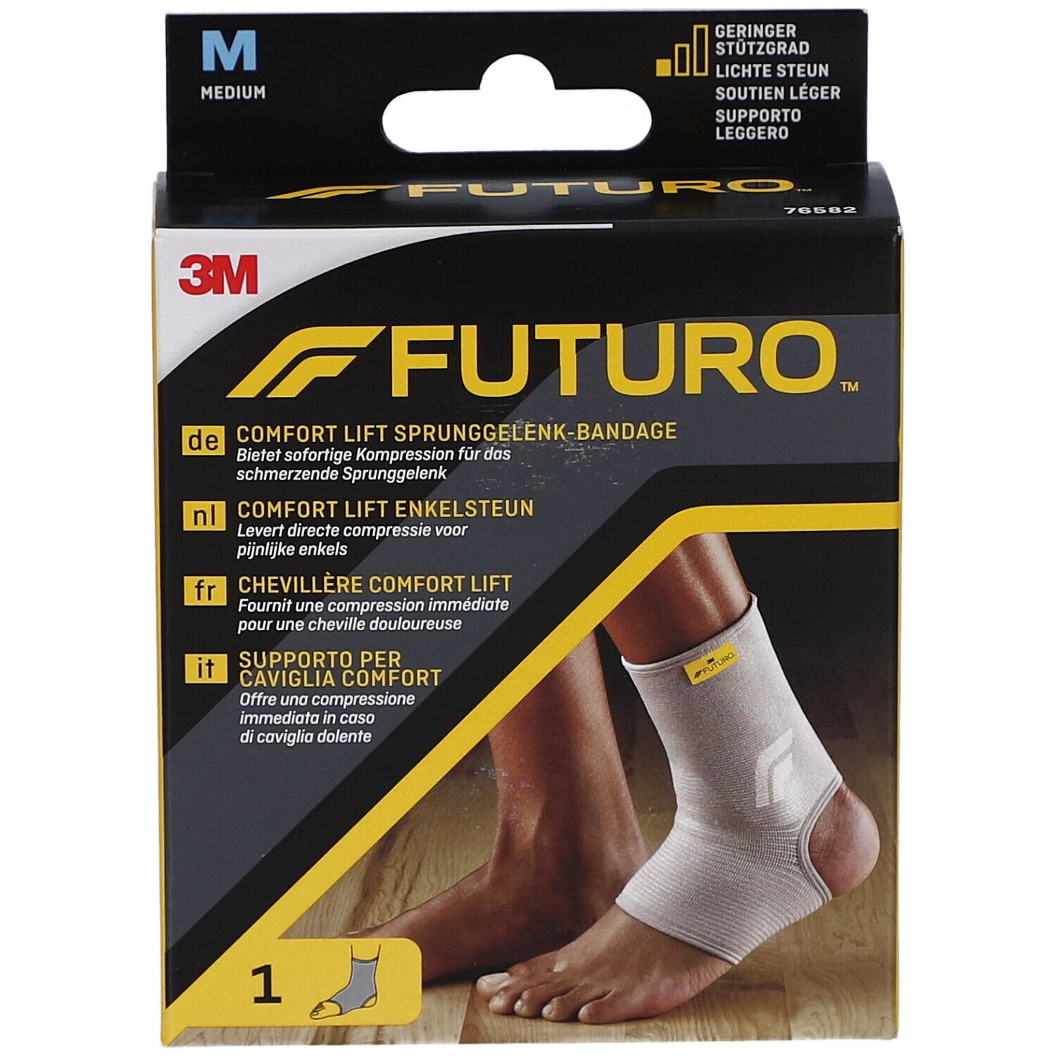 Verpackung der FUTURO Comfort Lift Knöchelbandage, Größe M. Produktabbildung und Produktname. Größe M.