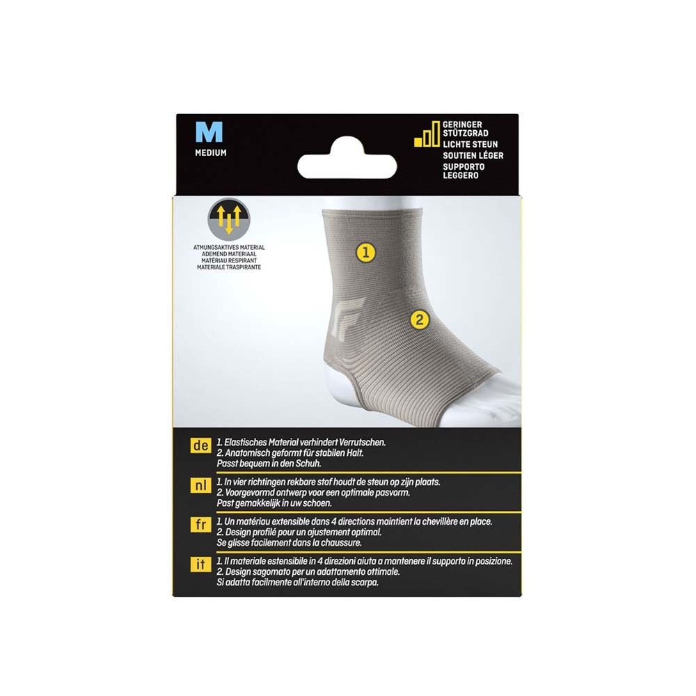 Rückseite der Bandage. Beige, geripptes Material. Anatomische Form. Produktname und Marke.