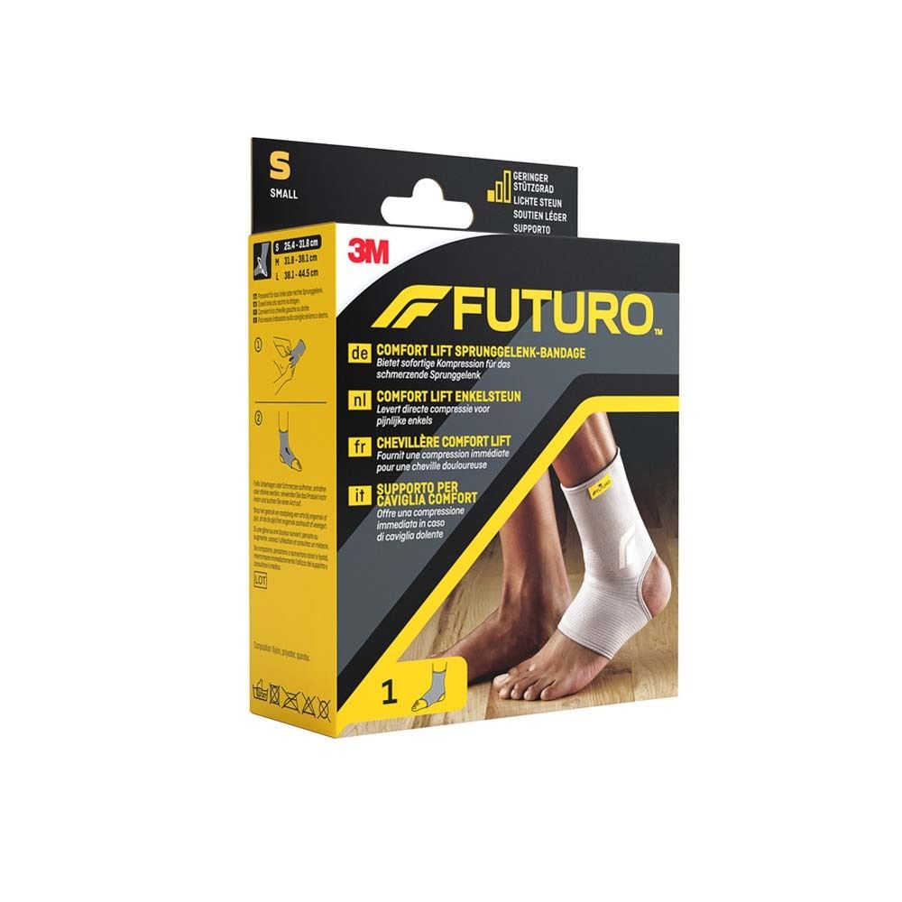 3M FUTURO Comfort Lift Knöchelbandage, Größe S, Verpackung. Rückseite mit Größenangaben und Anwendungshinweisen.