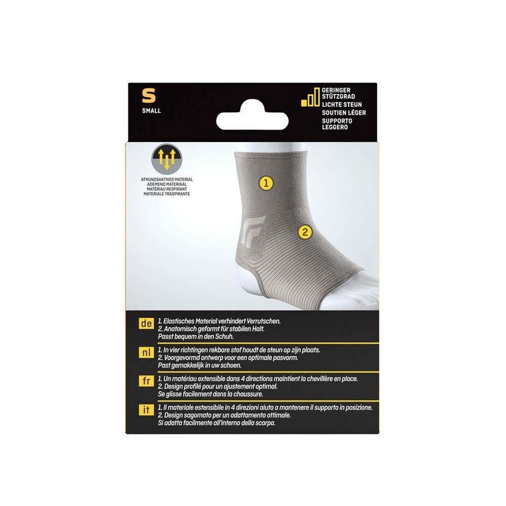 3M FUTURO Comfort Lift Knöchelbandage, Größe S, Verpackung. Rückseite mit Produktmerkmalen und Material.