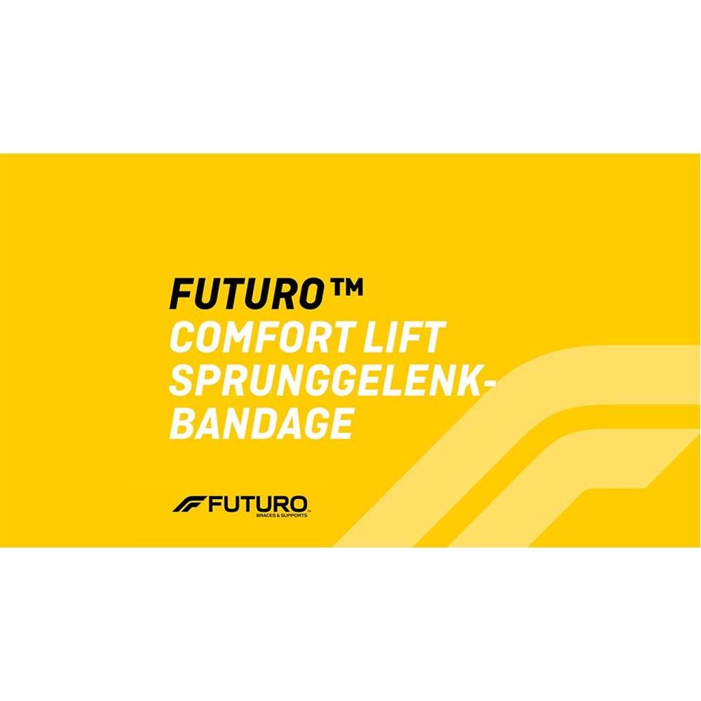 3M FUTURO Comfort Lift Knöchelbandage, Größe S, in Verpackung. Produktabbildung mit Bein und Fuß.