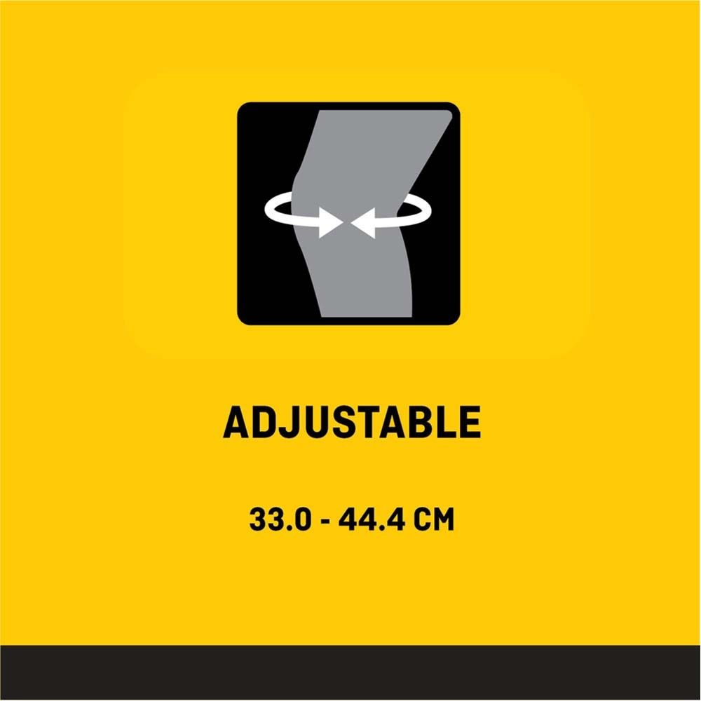 Kniebandage. Schwarze und graue Bandage am Bein einer Person. Verpackung mit Produktabbildung und Logo.