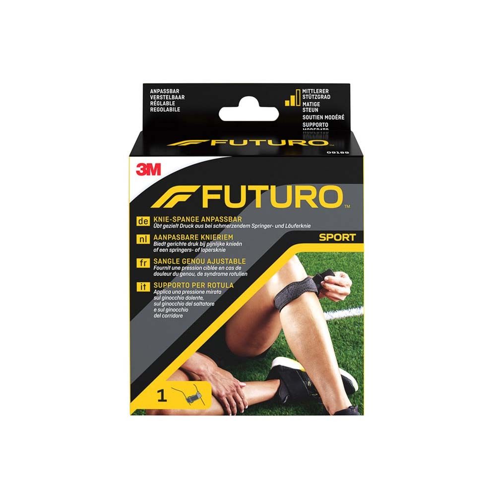 3M Futuro Sport Knie-Spange anpassbar. Schwarze Bandage am Knie, auf Verpackung.