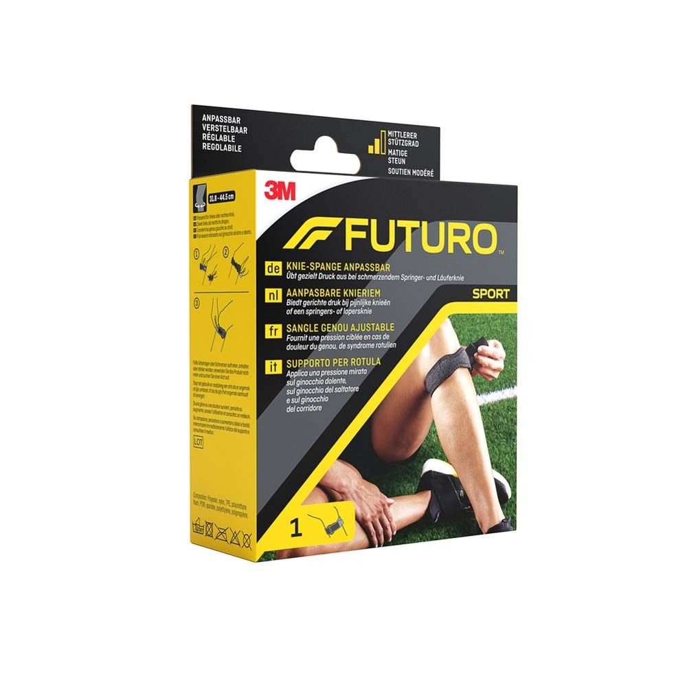 3M Futuro Sport Knie-Spange anpassbar. Verpackung mit Bandage am Knie.