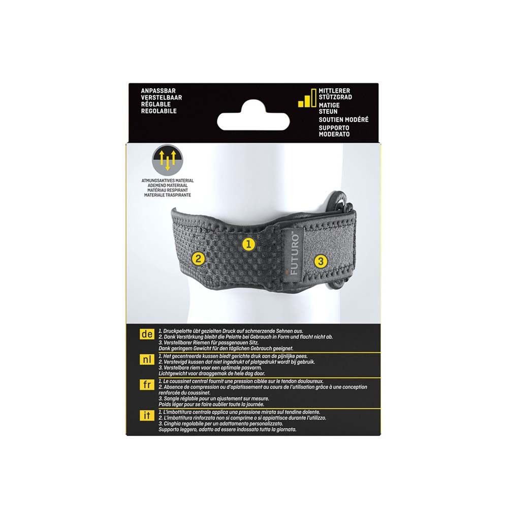 3M Futuro Sport Knie-Spange anpassbar. Verpackung mit Bandage am Knie.