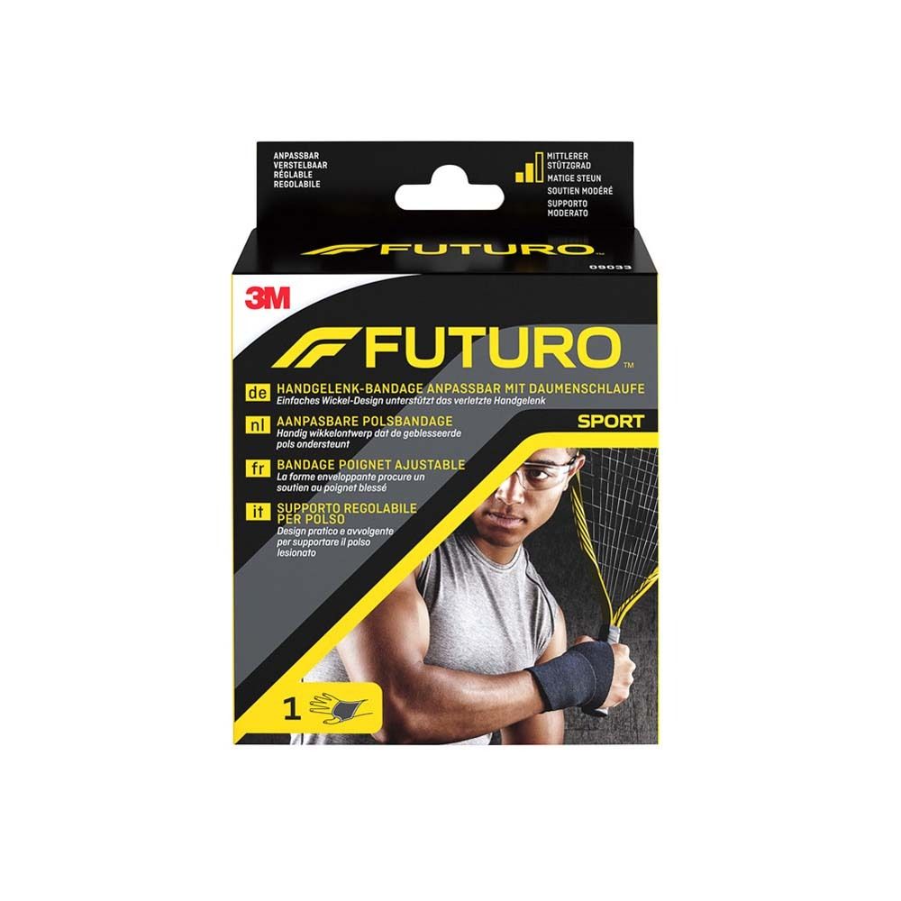 Verstellbare Handgelenkbandage. Verpackung mit Produktabbildung und Text. Marke: Futuro™ Sport.