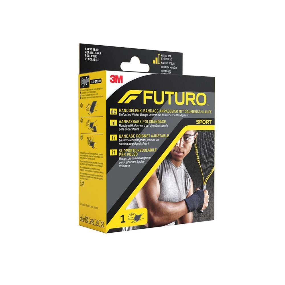 Verstellbare Handgelenkbandage. Verpackung mit Produktabbildung und Text. Marke: Futuro™ Sport.