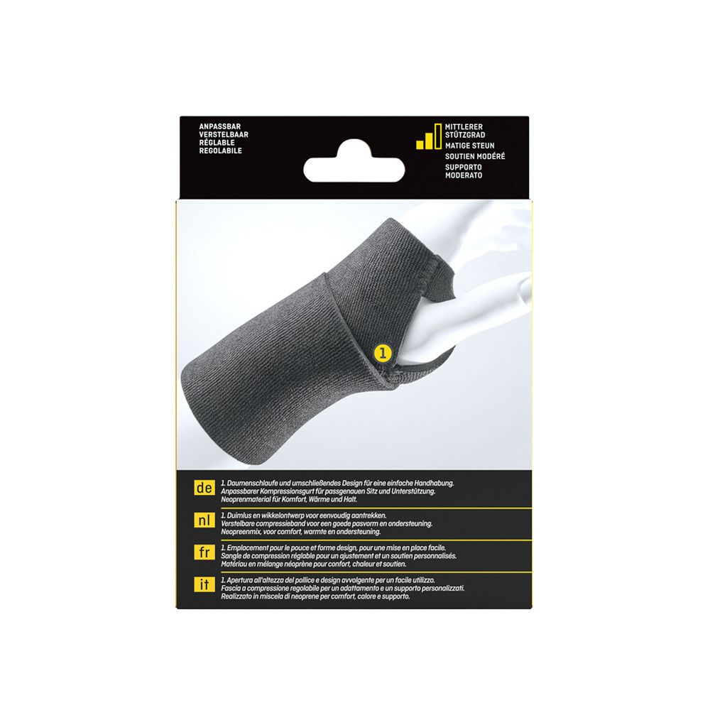 Emballage du bandage de poignet. Image et texte du produit. Logos 3M et Futuro. Taille.