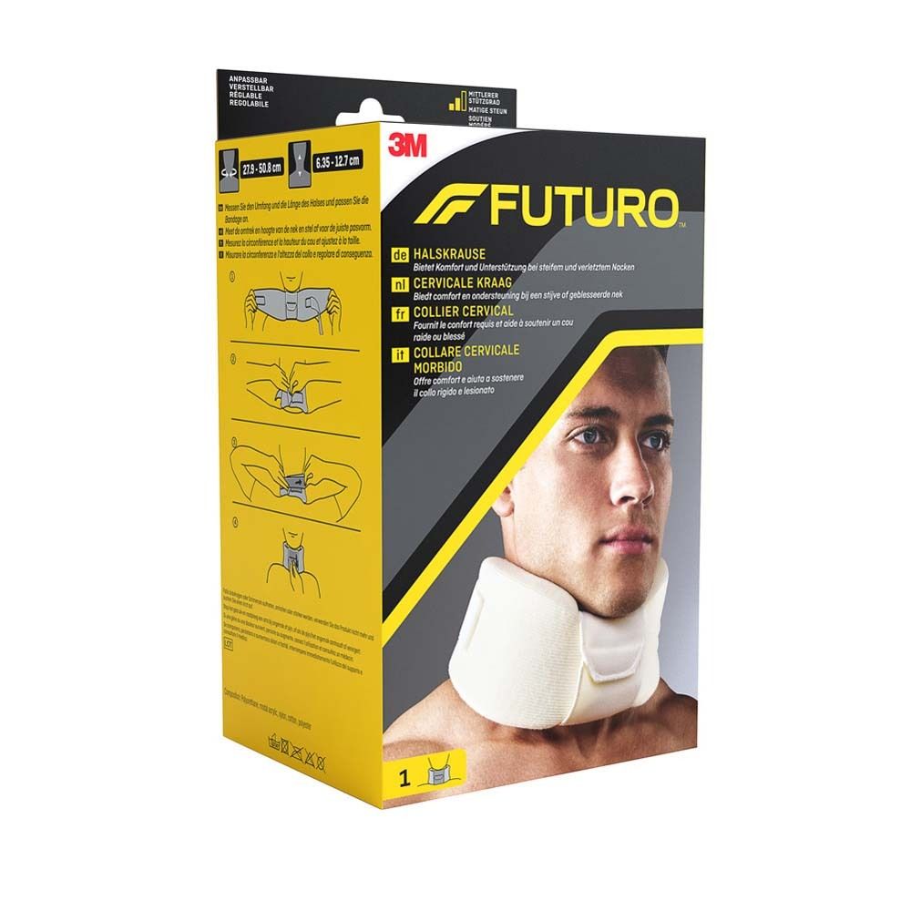 Rückseite der Verpackung. Beige Halskrause. Einstellbare Höhe und Umfang. Text in mehreren Sprachen.