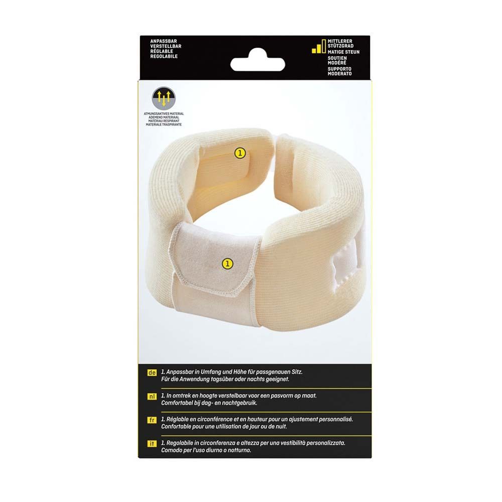 Verpackung. Halskrause, beige. Anleitung zur Anpassung. 3M™ Futuro™ Halskrause.