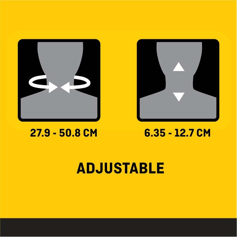 Rückseite der Verpackung. Beige Halskrause. Einstellbare Höhe und Umfang. Text in mehreren Sprachen.