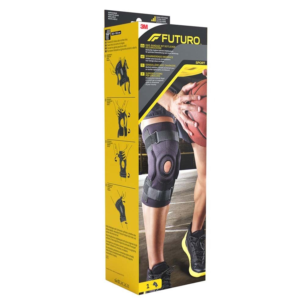 3M Futuro Sport Kniebandage. Verpackung mit Produktabbildung und Anleitungen.