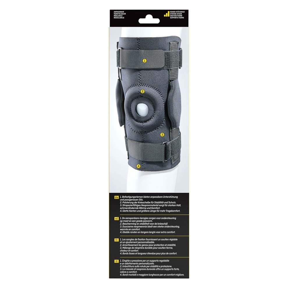 3M Futuro Sport Kniebandage. Rückseite der Verpackung mit Produktmerkmalen.