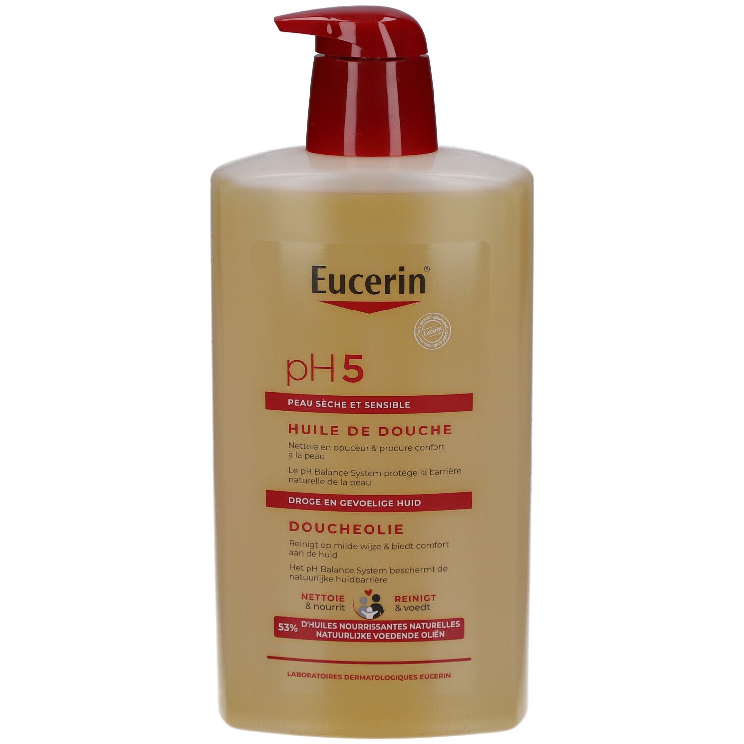 Gelbe Flasche mit rotem Pumpkopf. Eucerin pH5 Duschöl, Text.