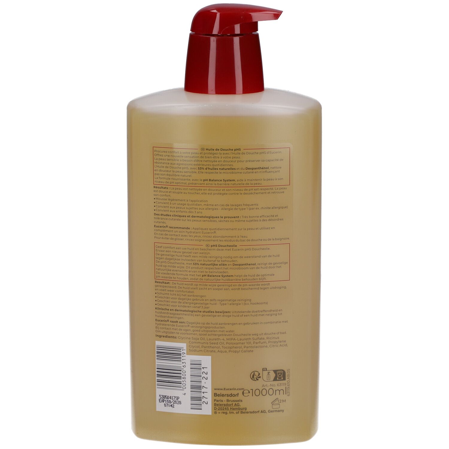 Rückseite der gelben Flasche. Textinformationen und Barcode.