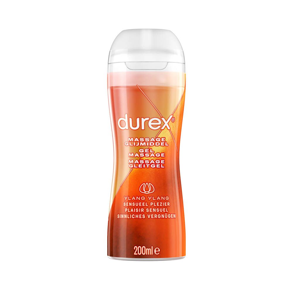 Flacon orange avec bouchon blanc. Inscription: durex, Massage Gleitmittel, Gel Massage, Massage Gleitgel. Ylang Ylang.