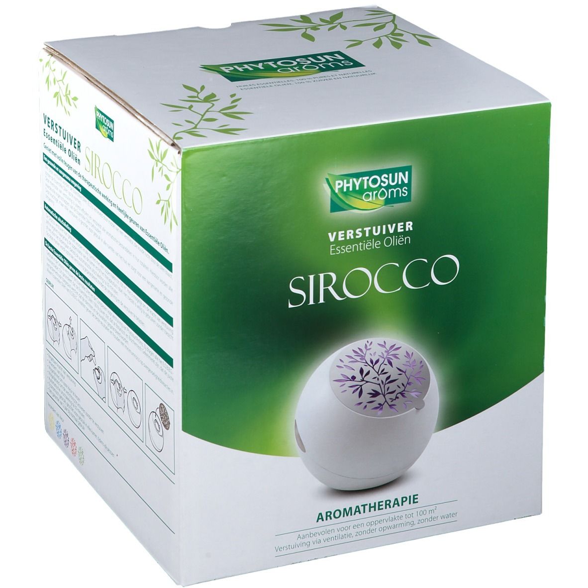 Boîte avec image du produit. Inscriptions: SIROCCO, Aromathérapie. Marque: Phytosun arôms. Diffuseur blanc avec motif violet.