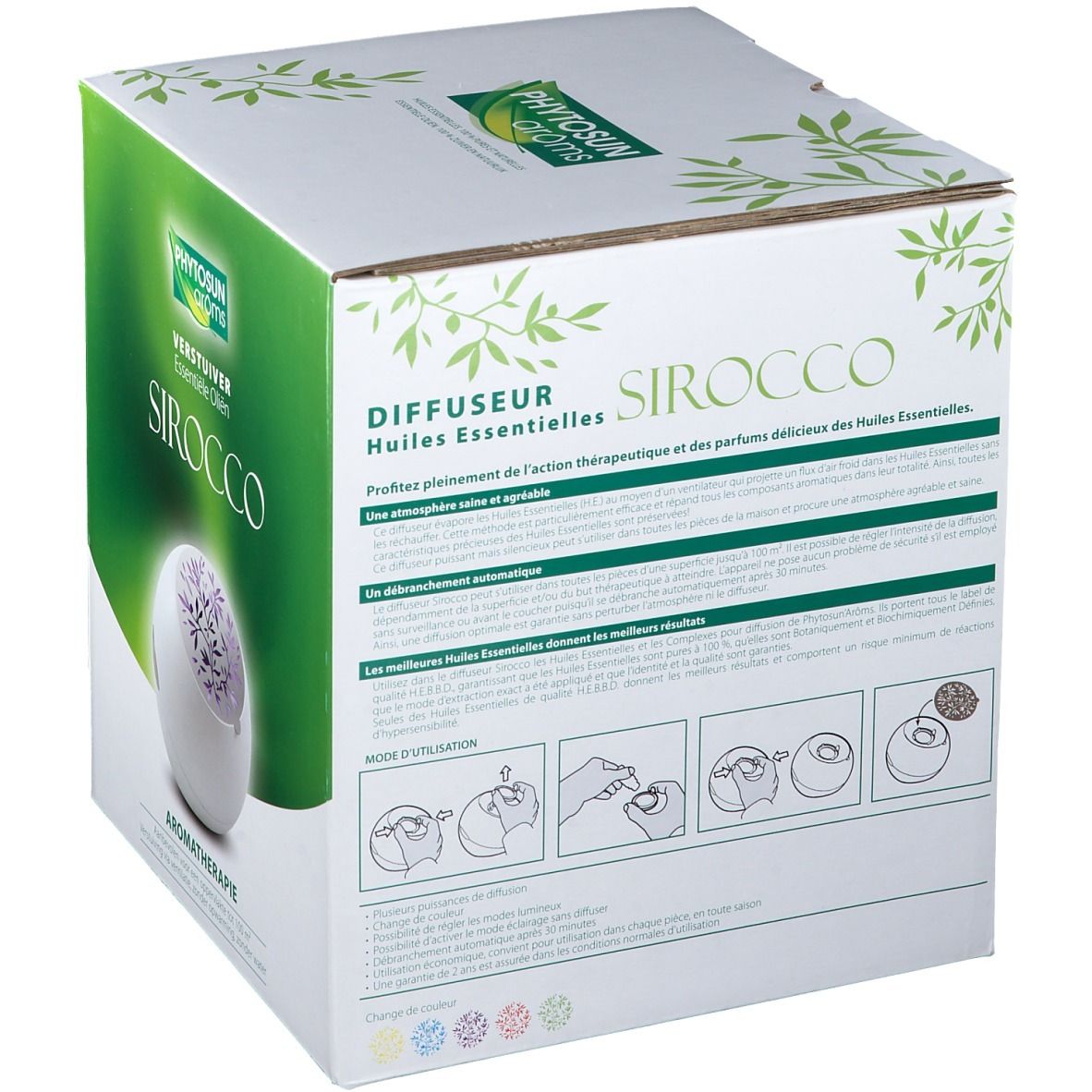 Dos de la boîte. Texte: Diffuseur Huiles Essentielles, SIROCCO. Illustrations d'utilisation. Marque: Phytosun arôms. Aromathérapie.
