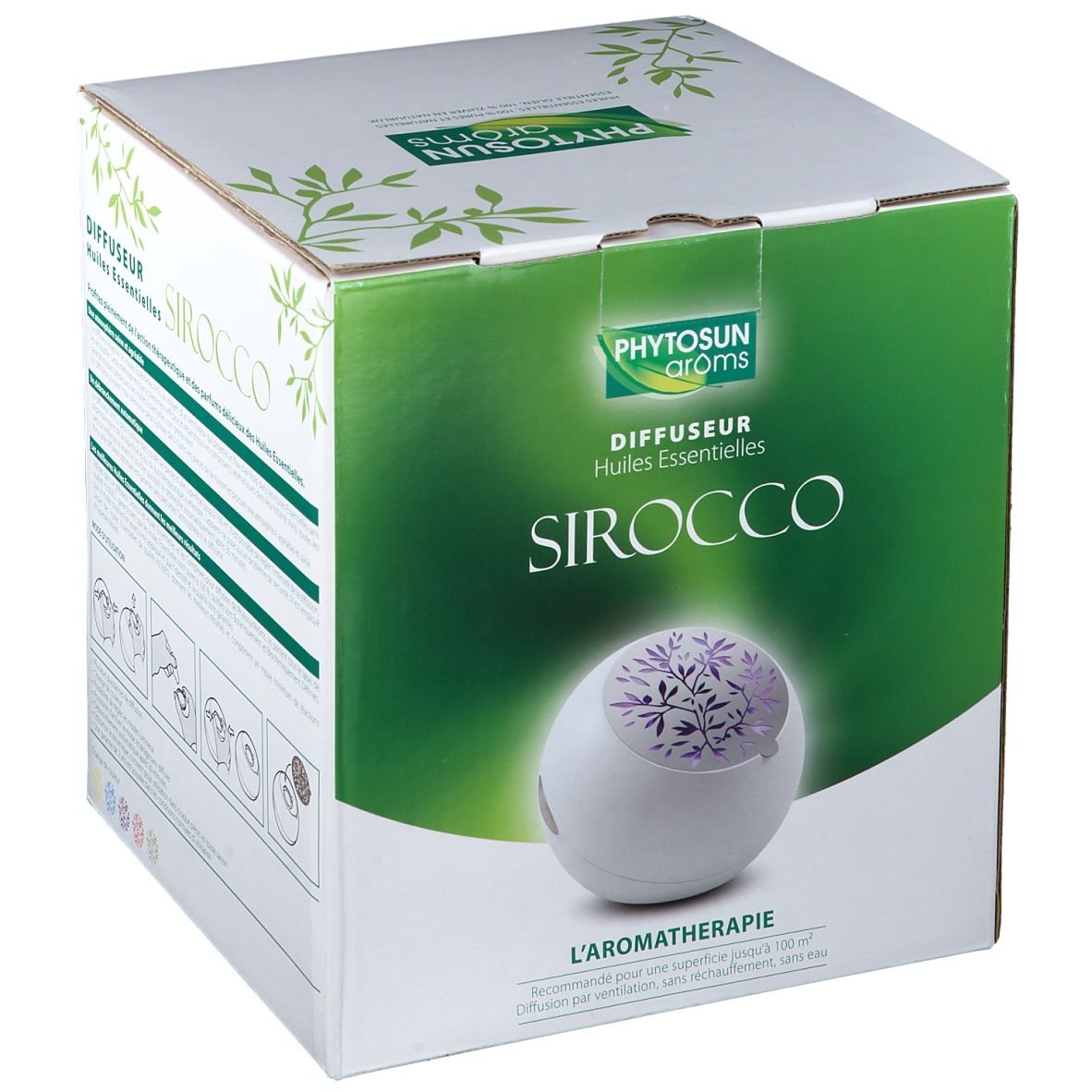 Boîte avec image du produit. Inscriptions: Diffuseur Huiles Essentielles, SIROCCO. Marque: Phytosun arôms. Diffuseur blanc avec motif violet.