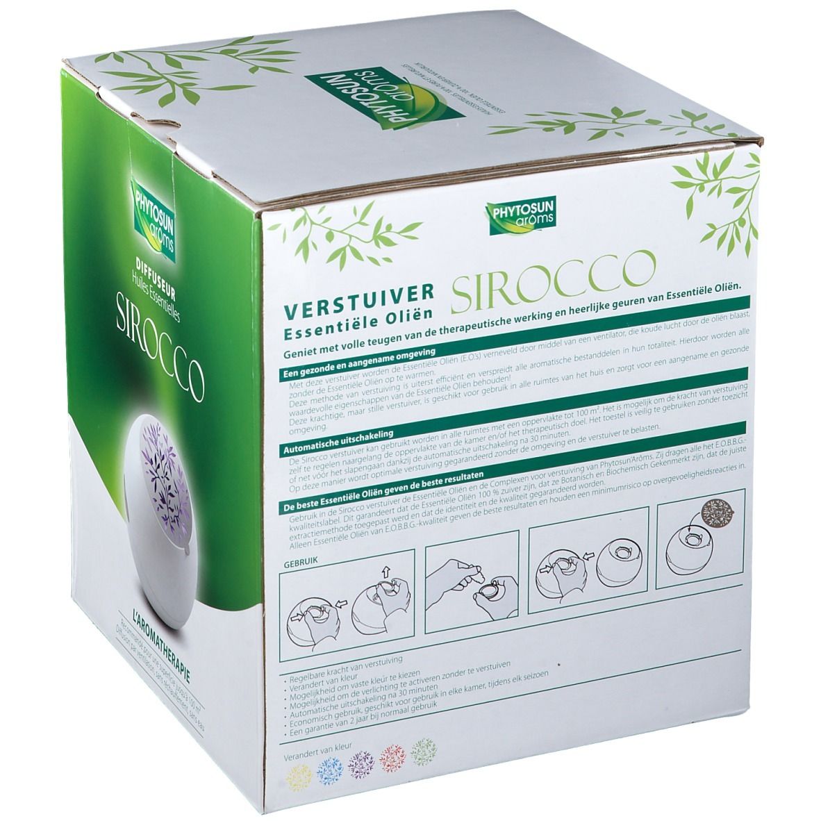 Dos de la boîte. Texte: Verstuiver Essentiële Oliën, SIROCCO. Illustrations d'utilisation. Marque: Phytosun arôms. Aromathérapie.