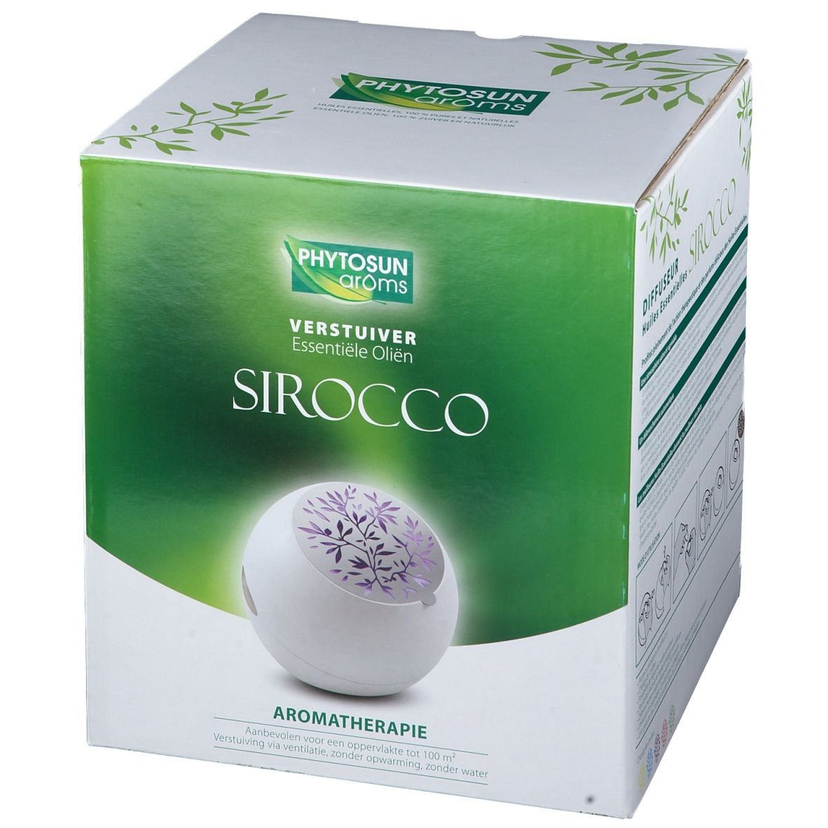 Boîte avec image du produit. Inscriptions: Verstuiver Essentiële Oliën, SIROCCO. Marque: Phytosun arôms. Diffuseur blanc avec motif violet.