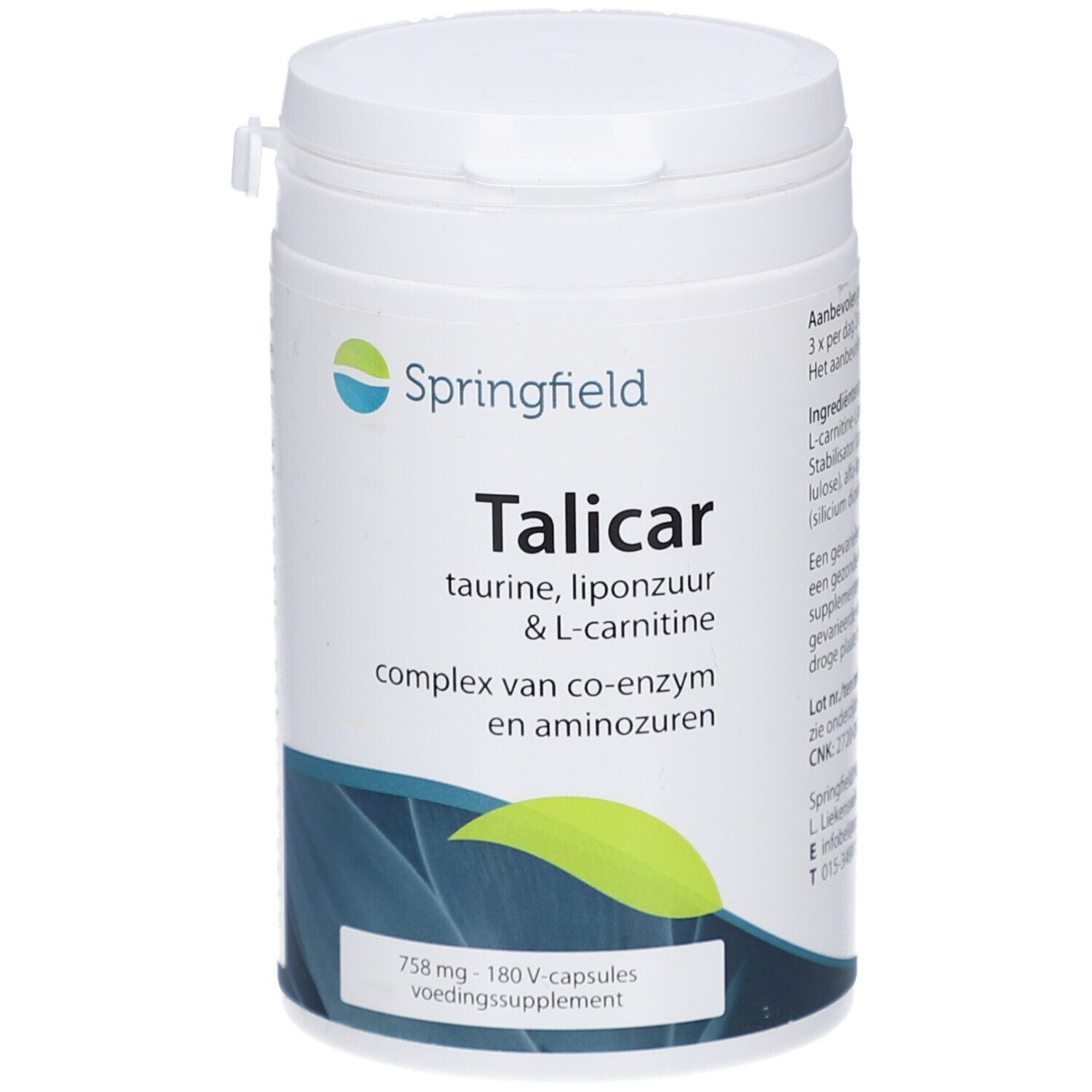 Weißes, zylindrisches Nahrungsergänzungsmittel-Behältnis mit Deckel. Aufschrift: Springfield Talicar, Taurin, L-Carnitin. Enthält 180 Kapseln.