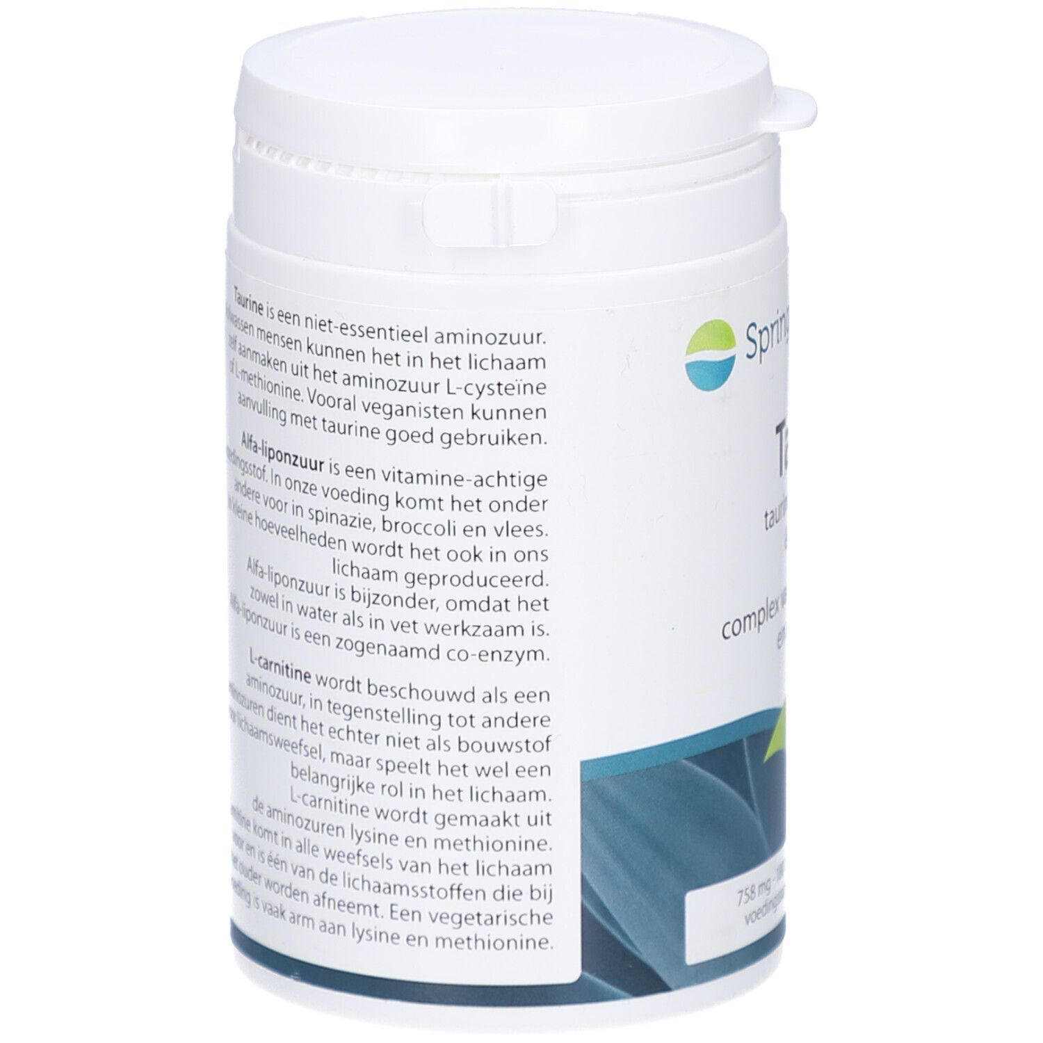 Rückseite des weißen Nahrungsergänzungsmittel-Behälters. Textinformationen über Inhaltsstoffe, Dosierung und Hersteller. Enthält 148 Gramm.