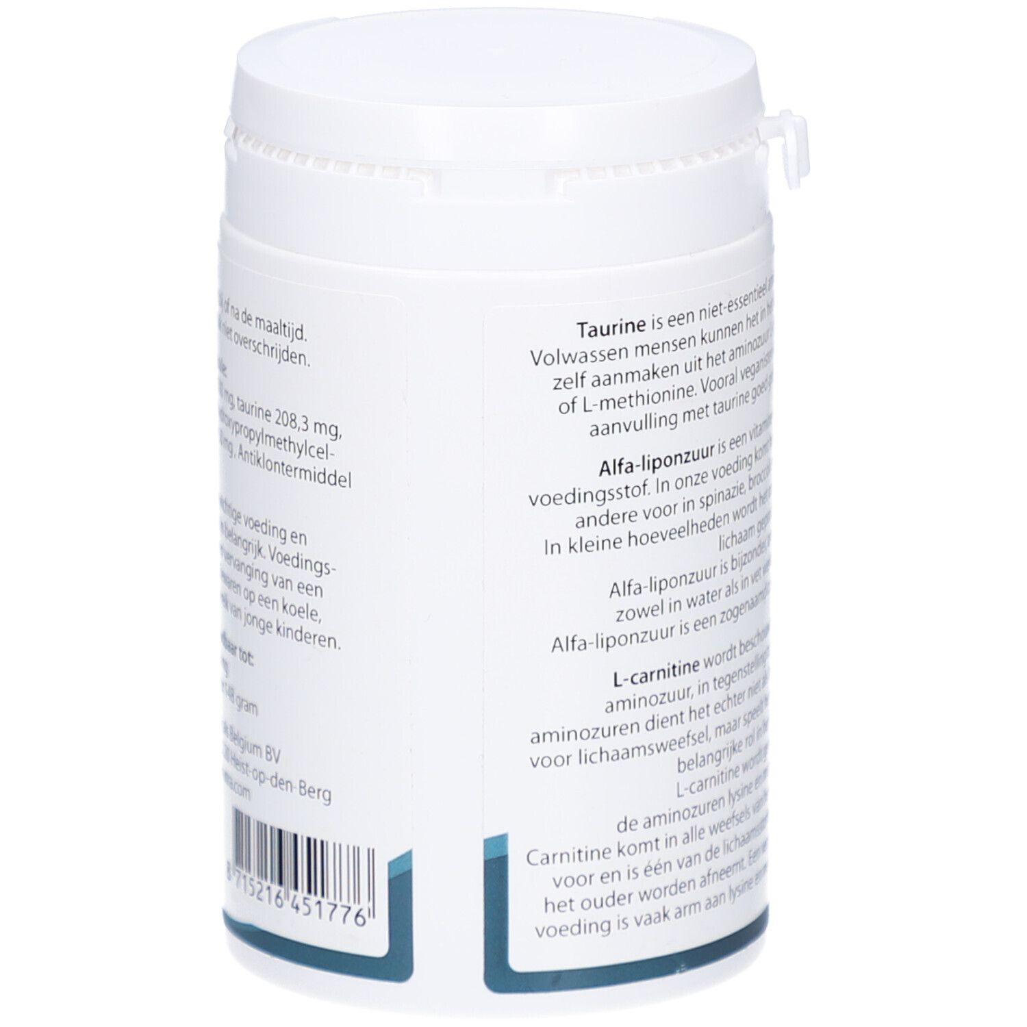 Seitenansicht des weißen Nahrungsergänzungsmittel-Behälters. Textinformationen über Inhaltsstoffe und Hersteller. Mit Barcode.