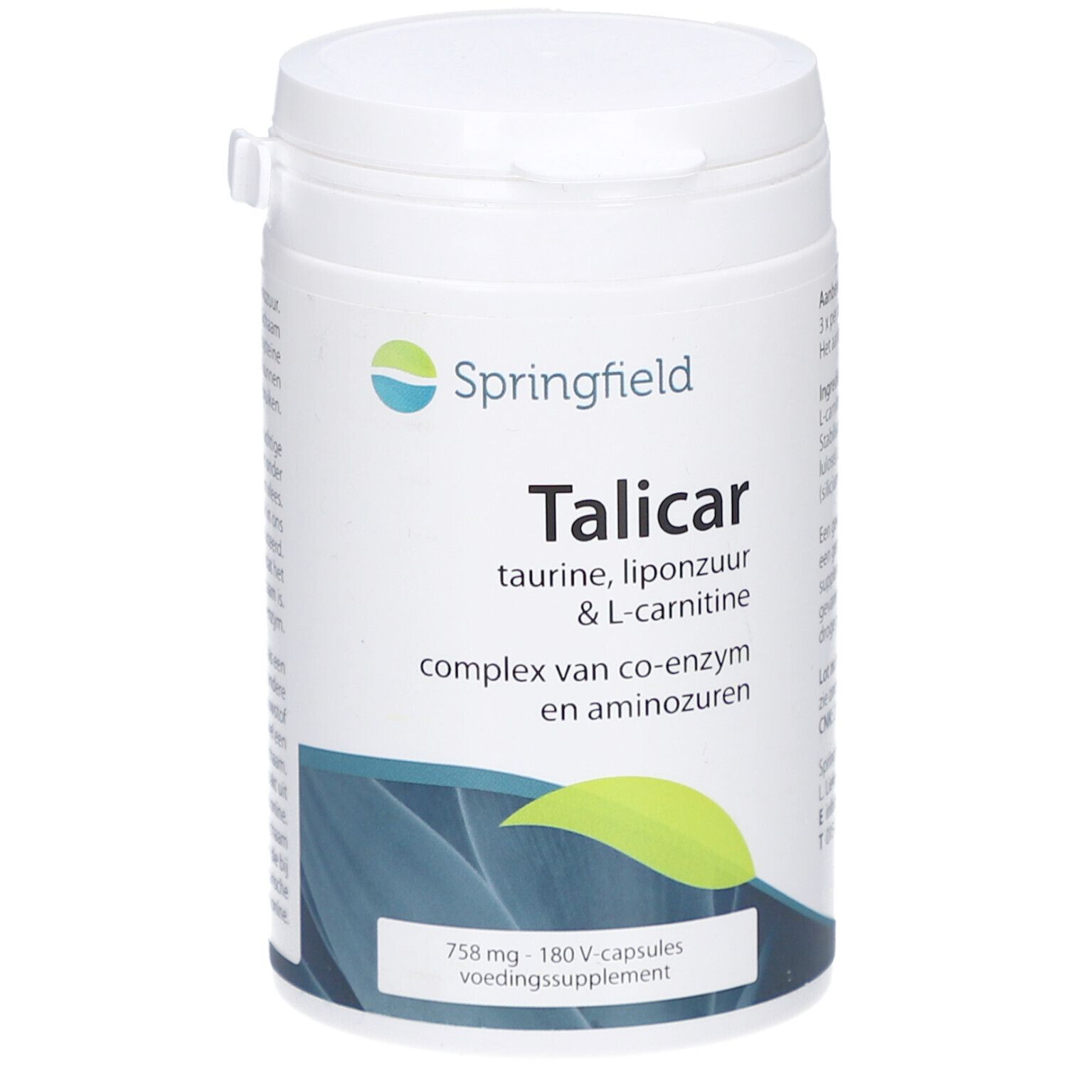 Weißes, zylindrisches Nahrungsergänzungsmittel-Behältnis mit Deckel. Aufschrift: Springfield Talicar, Taurin, L-Carnitin. Enthält 180 Kapseln.