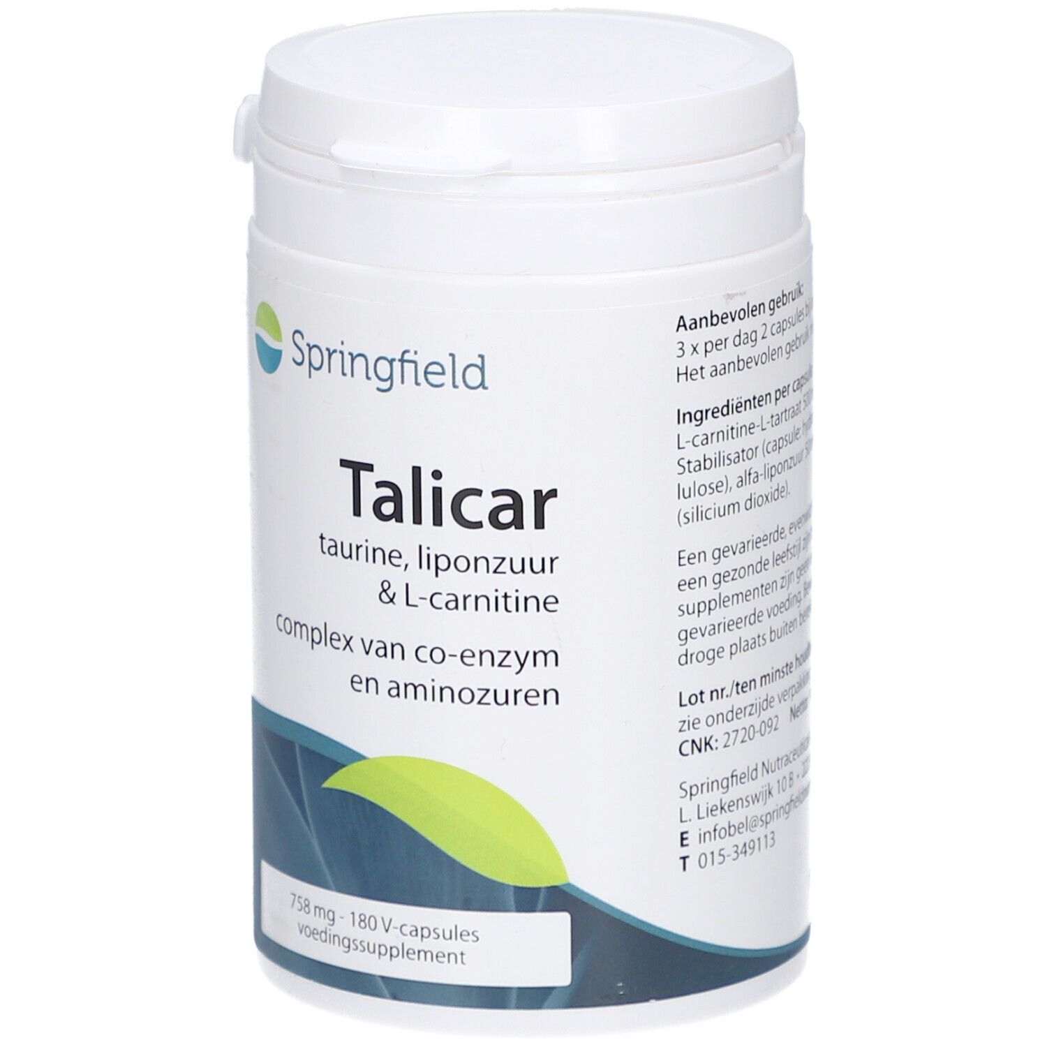 Weißes, zylindrisches Nahrungsergänzungsmittel-Behältnis mit Deckel. Aufschrift: Springfield Talicar, Taurin, L-Carnitin. Enthält 180 Kapseln.