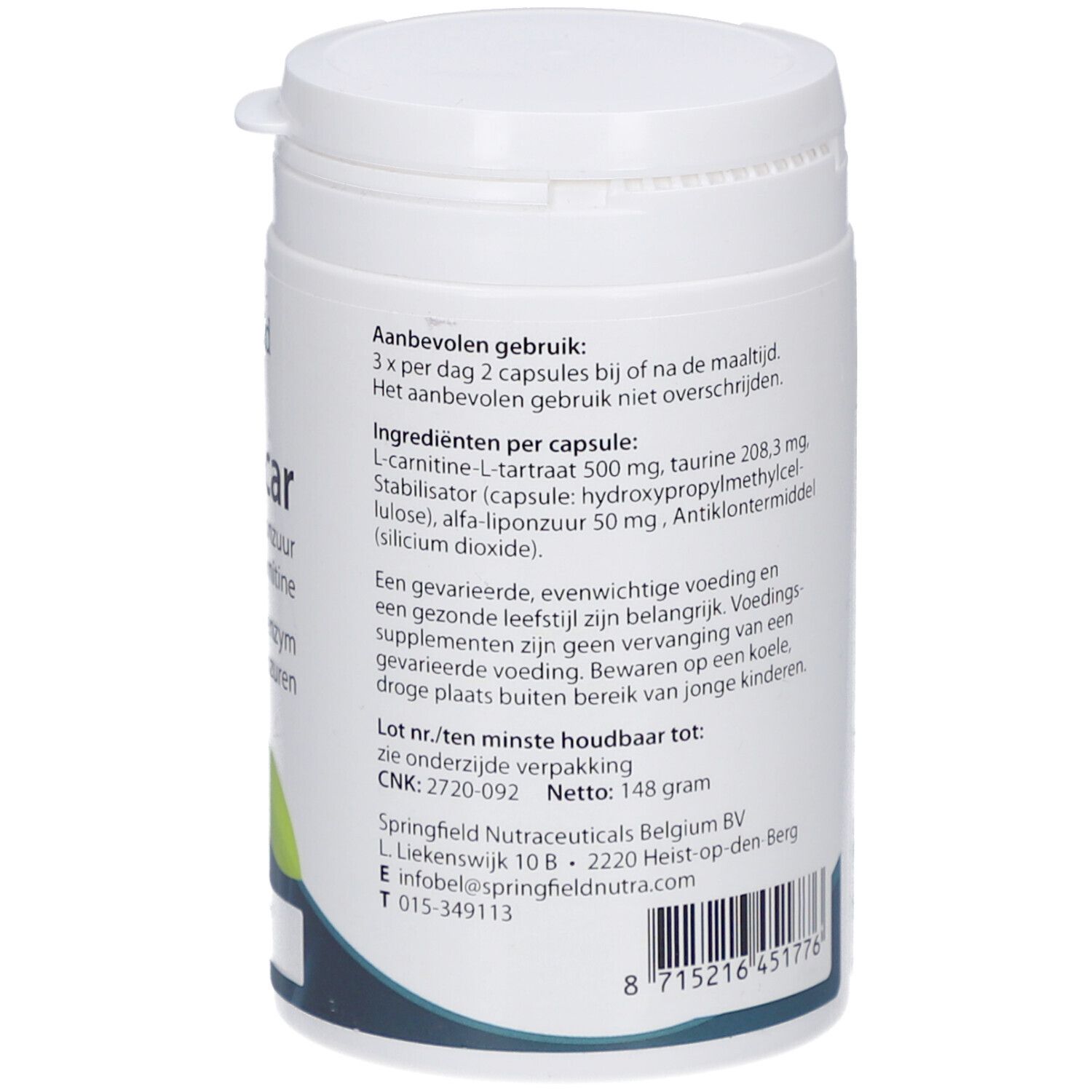 Rückseite des weißen Nahrungsergänzungsmittel-Behälters. Textinformationen über Inhaltsstoffe, Dosierung und Hersteller. Enthält 148 Gramm.