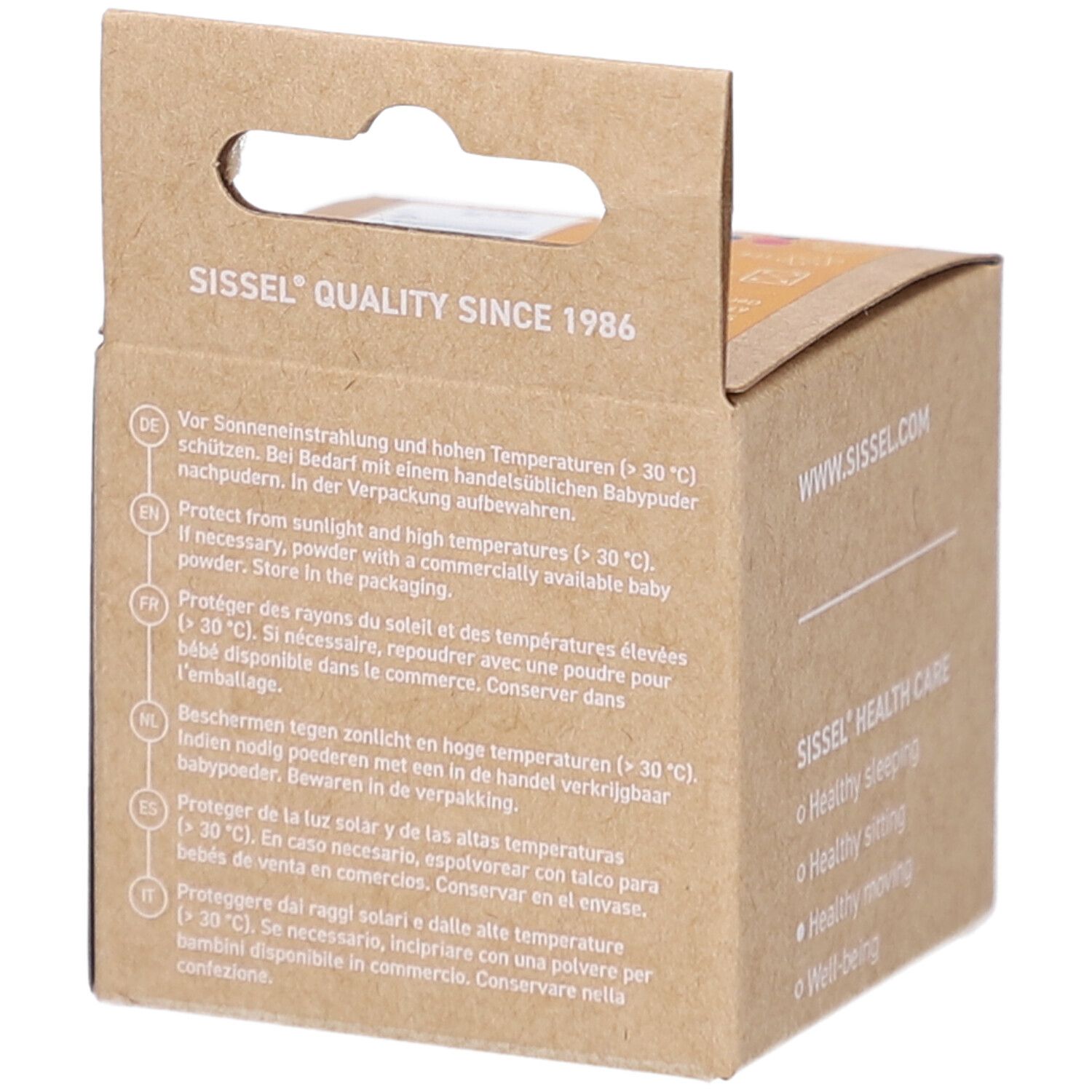 Rückseite der Kartonverpackung für Sissel Press-Ball. Text in mehreren Sprachen: Schutz vor Sonne und Hitze.