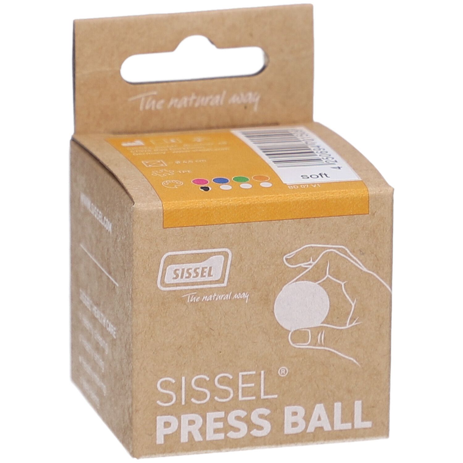 Kartonverpackung für Sissel Press-Ball. Aufdruck: Sissel, Press Ball, Hand mit Ball, Farben, Soft.