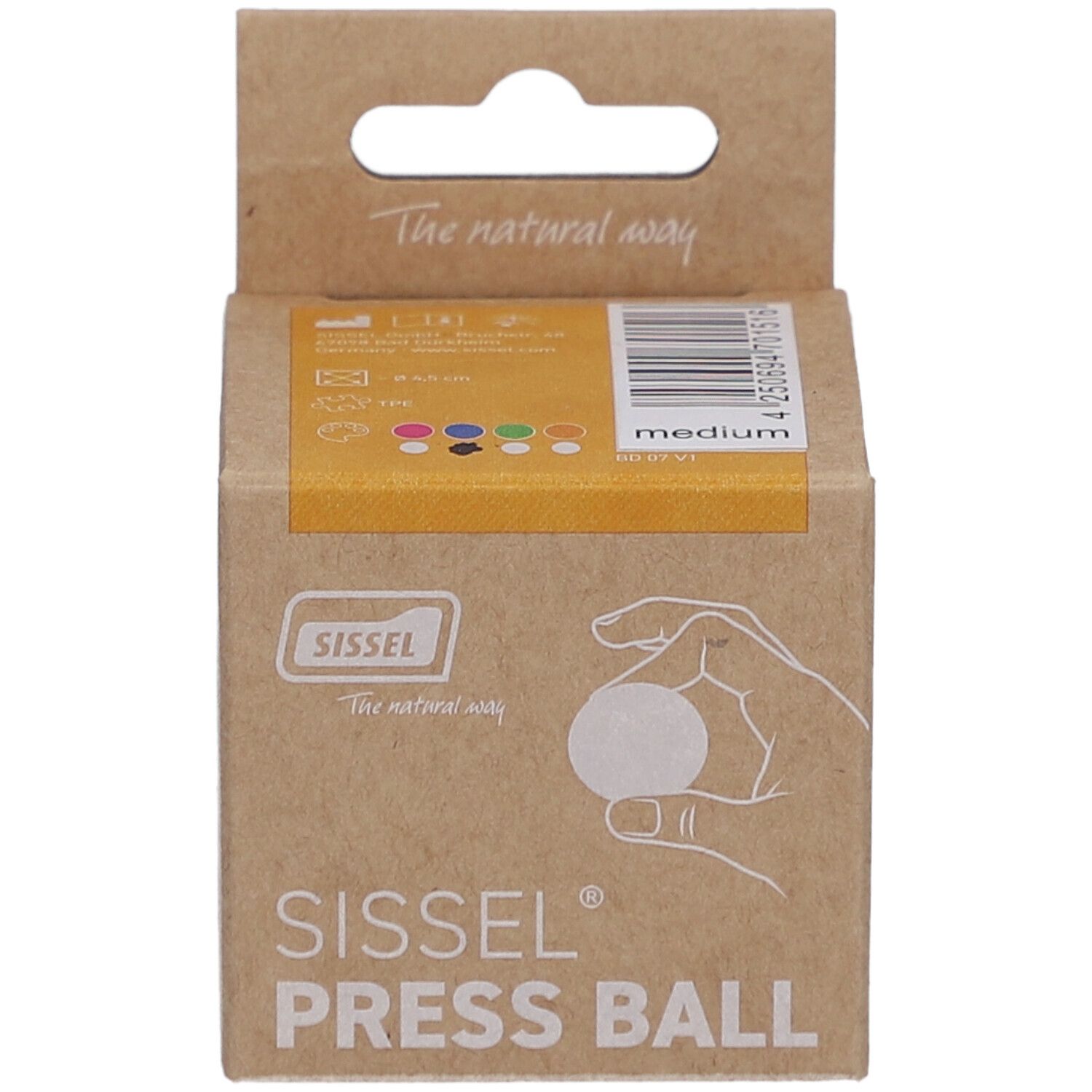 Emballage en carton Sissel Press Ball. Inscription: Sissel, Press Ball, main tenant une balle. Couleurs: jaune, noir, bleu, vert, rouge, blanc, orange. Medium.