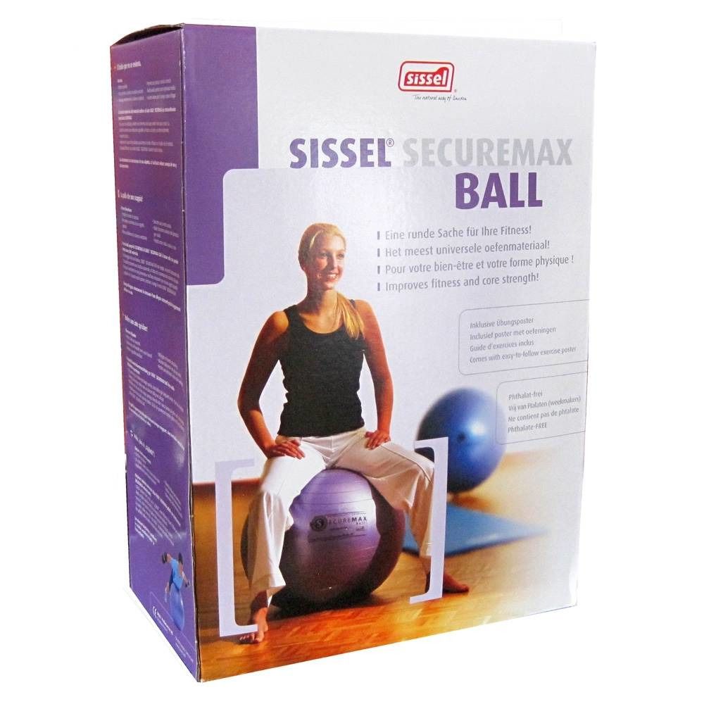 Verpackung mit Sissel Securemax Ball. Frau sitzt auf violettem Ball. Text: Securemax Ball, Fitness, Core-Stärke.