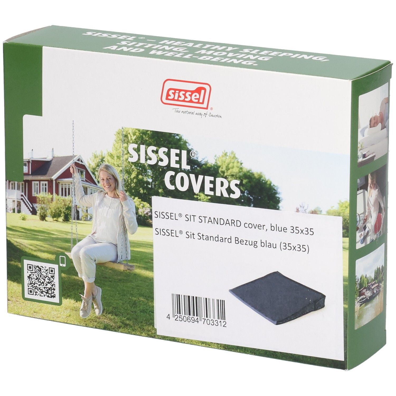 Verpackung mit Sissel Sit Standard Bezug Blau. Aufdruck: Sissel Covers, Produktabbildung, QR-Code, Logo.