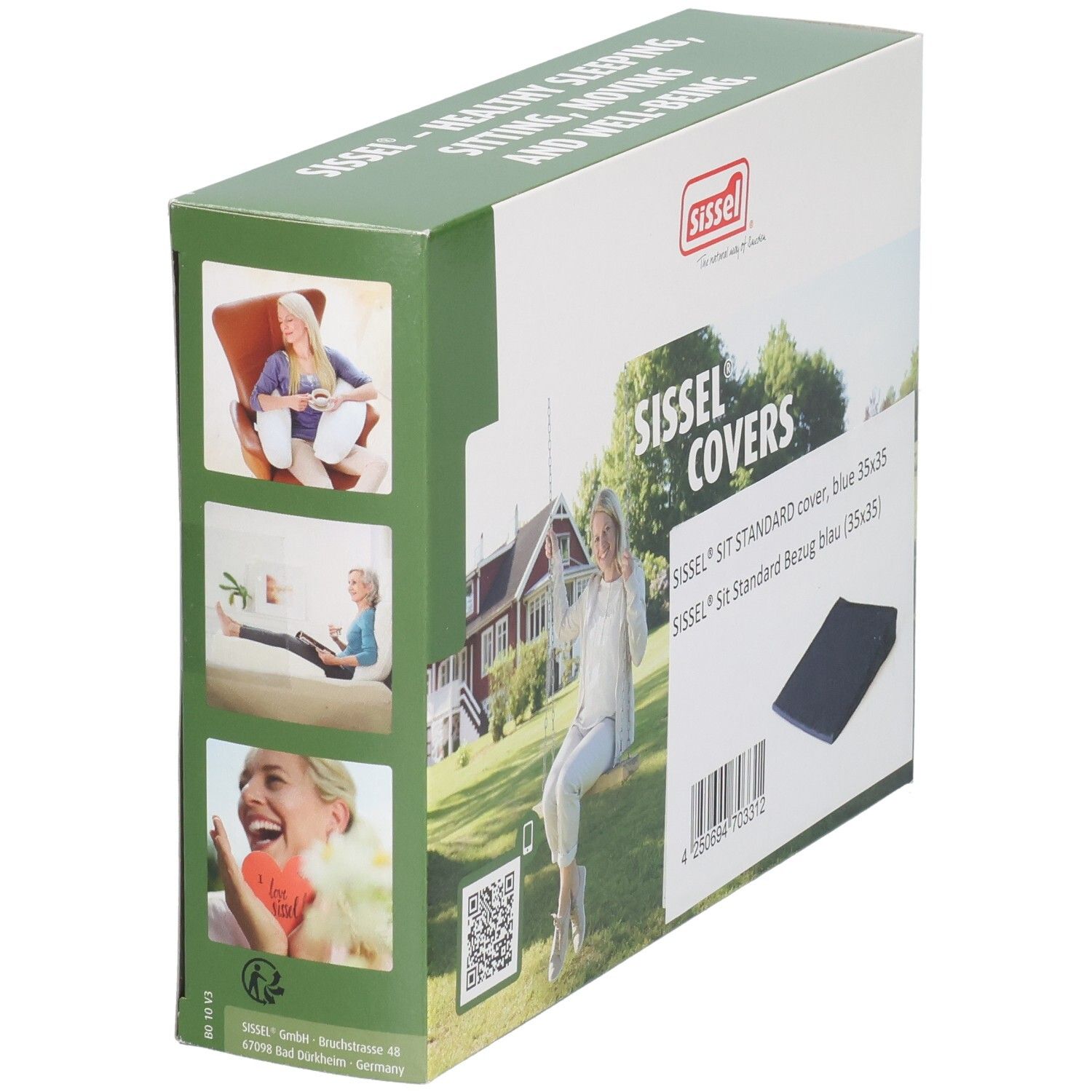 Verpackung mit Sissel Sit Standard Bezug Blau. Aufdruck: Sissel Covers, Produktabbildung, Logo, Fotos.