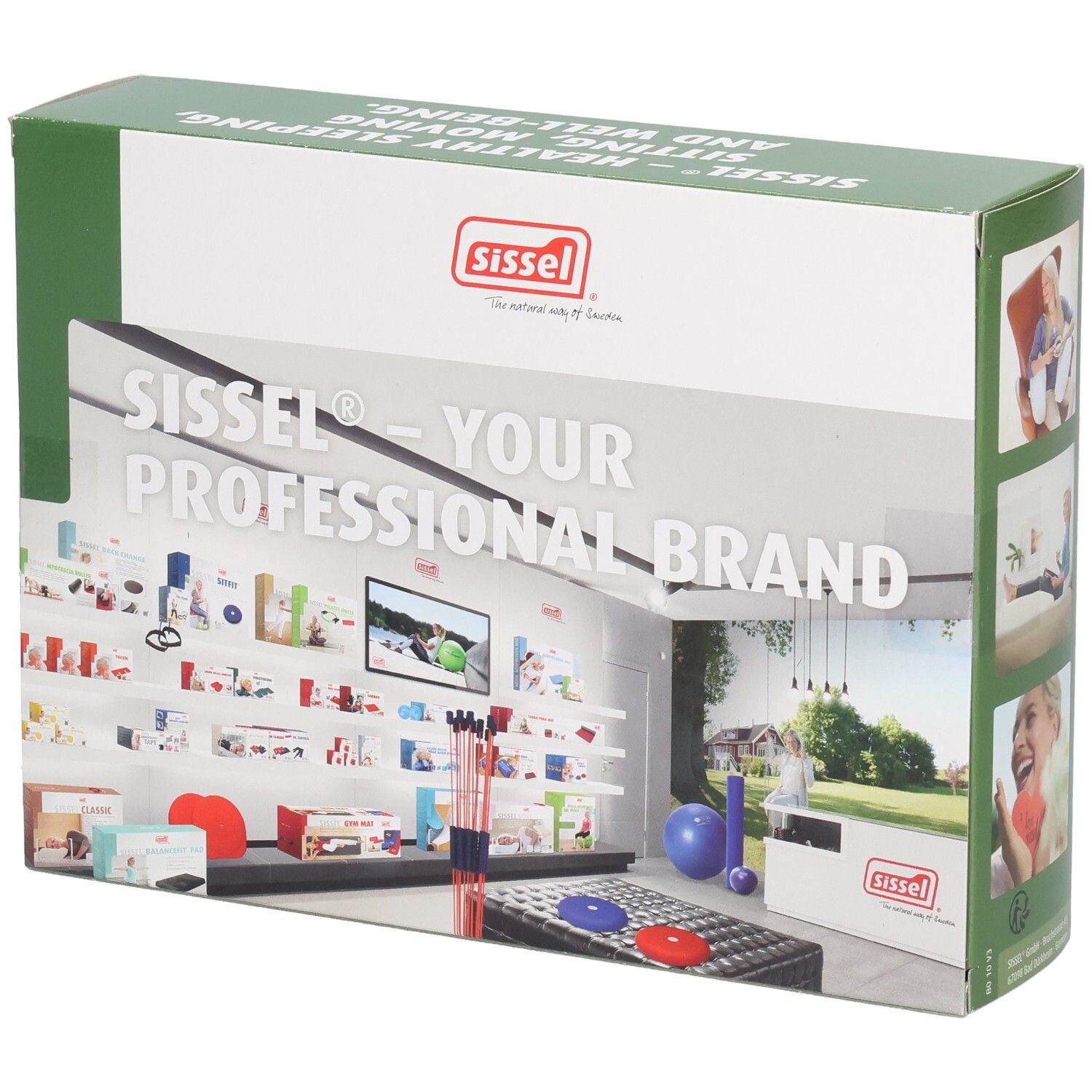 Verpackung mit Sissel-Logo und Slogan. Aufdruck: Sissel - Your Professional Brand, Produktabbildungen.