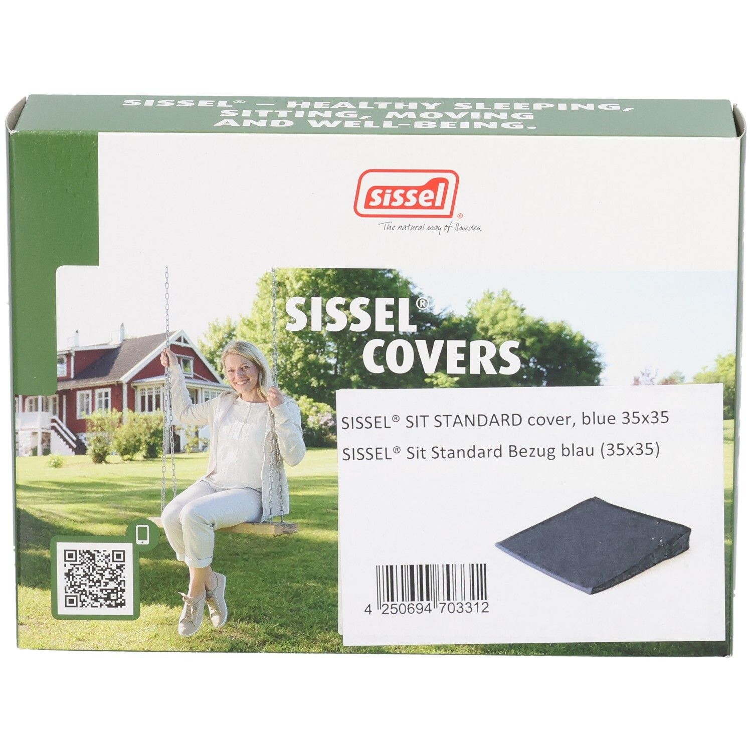 Verpackung mit Sissel Sit Standard Bezug Blau. Aufdruck: Sissel Covers, Produktabbildung, QR-Code, Logo.
