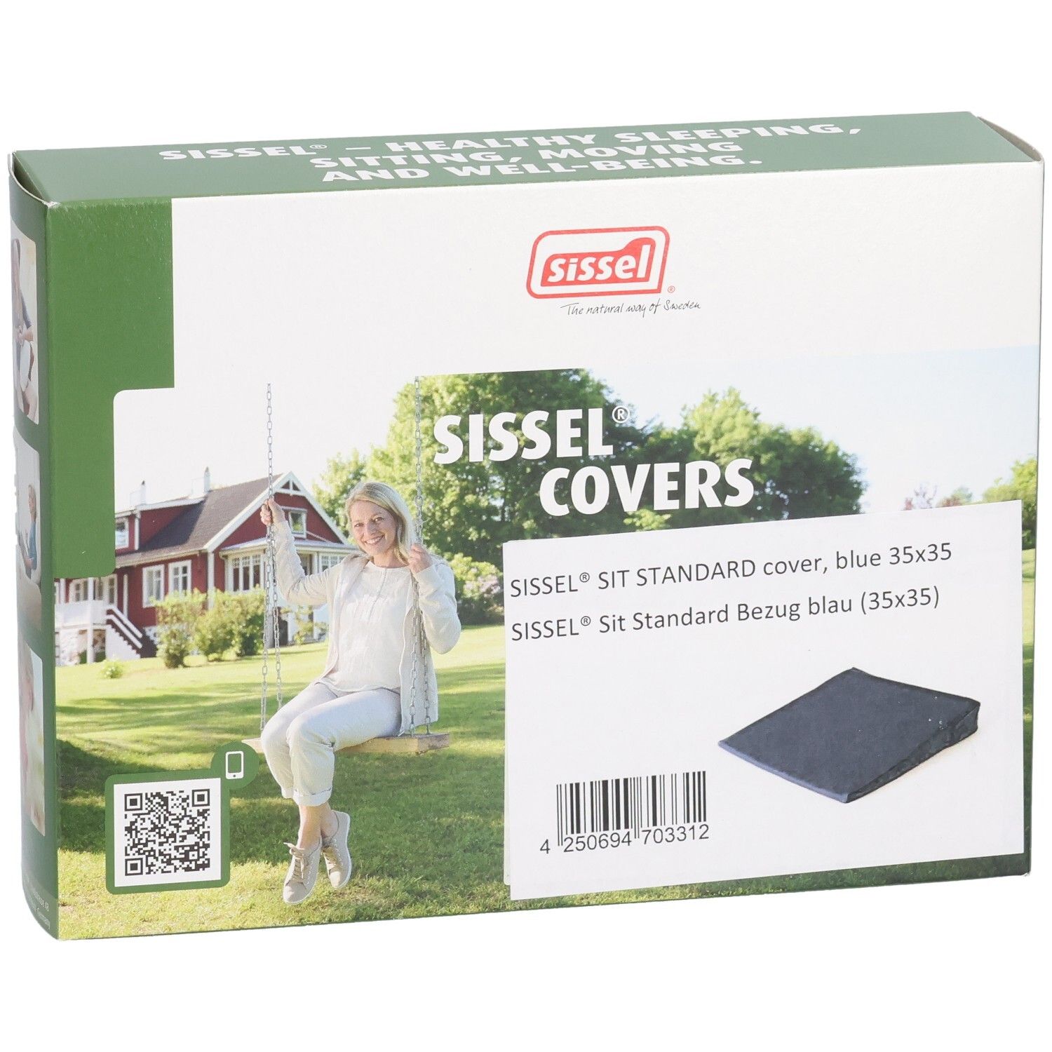 Verpackung mit Sissel Sit Standard Bezug Blau. Aufdruck: Sissel Covers, Produktabbildung, QR-Code, Logo.