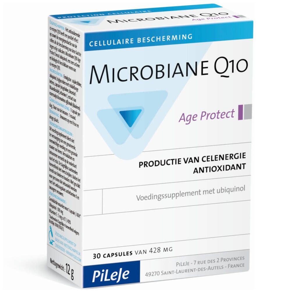 Schachtel mit Microbiane Q10 Age Protect. Enthält 30 Kapseln. Aufschrift: Zellulärer Schutz, Antioxidans.
