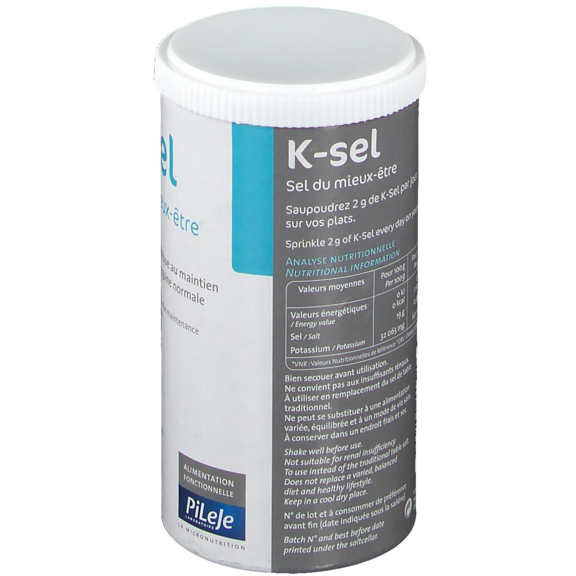 Boîte cylindrique K-sel avec couvercle blanc. Inscription: K-sel, Sel du mieux-être. Texte: Saupoudrer 2 g de K-Sel par jour sur les plats. Informations nutritionnelles.