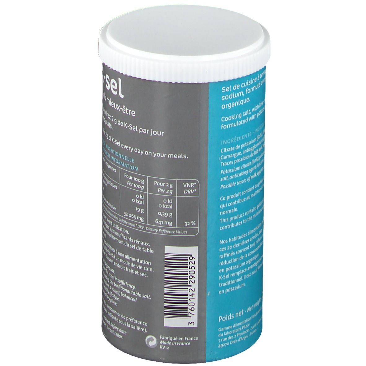 Boîte cylindrique K-sel avec couvercle blanc. Inscription: K-sel, Sel du mieux-être. Texte: Sel de cuisine, formulé avec du citrate de potassium. Code-barres.