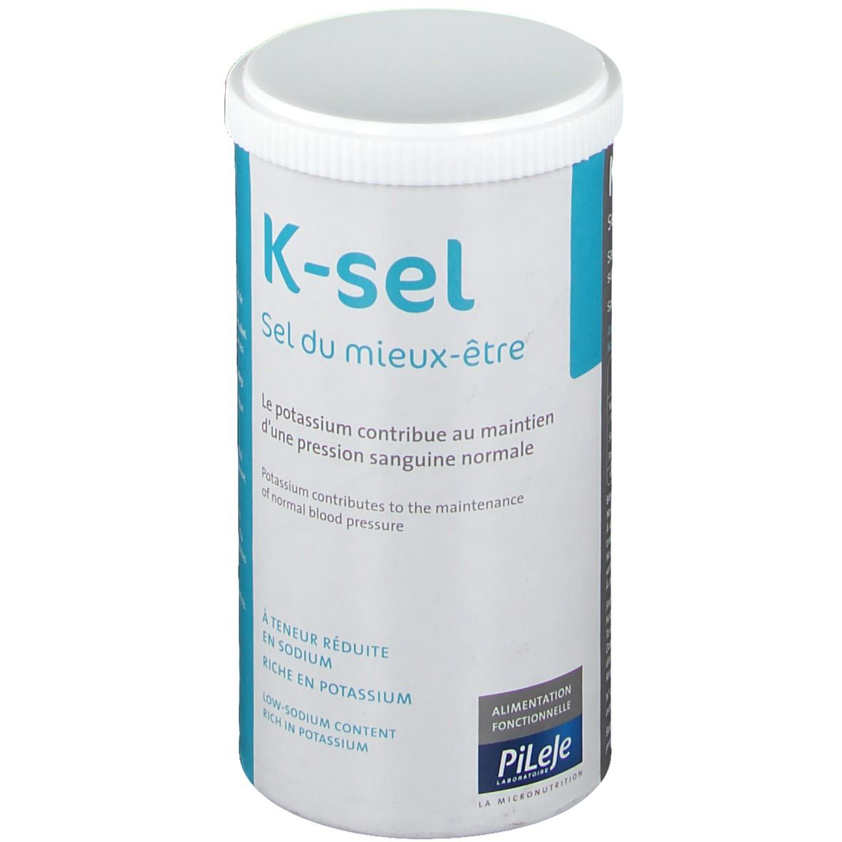 Boîte cylindrique K-sel avec couvercle blanc. Inscription: K-sel, Sel du mieux-être. Texte: Le potassium contribue au maintien d'une pression sanguine normale.