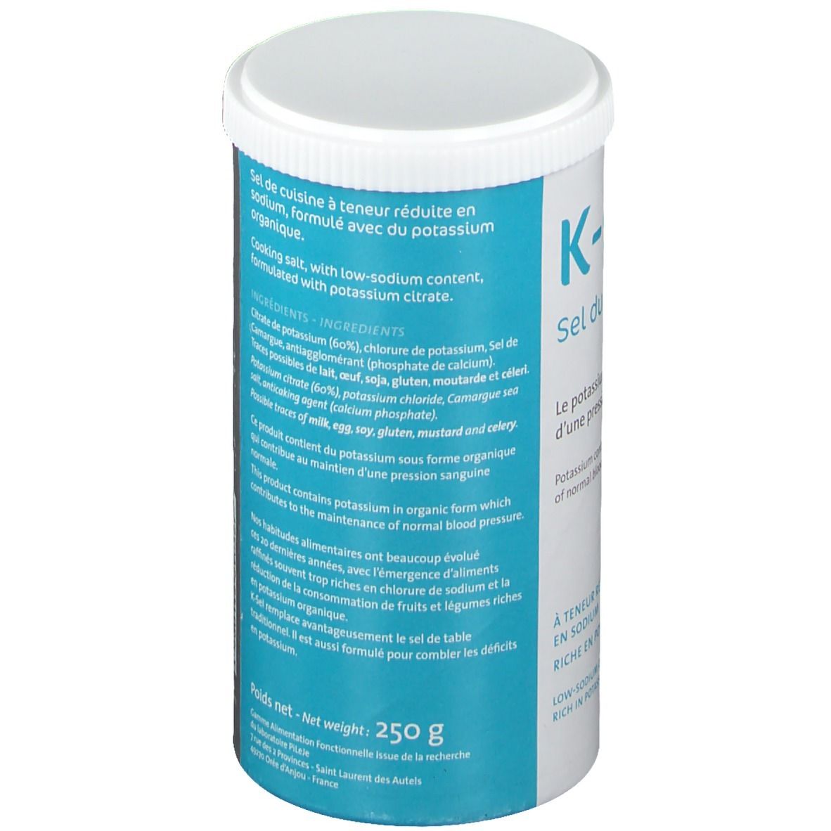 Boîte cylindrique K-sel avec couvercle blanc. Inscription: K-sel, Sel du mieux-être. Texte: Sel de cuisine, formulé avec du citrate de potassium. Poids net: 250 g.