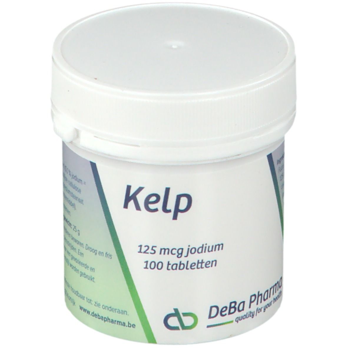 Pot blanc avec étiquette verte. Inscription: Kelp, 125 mcg iode, 100 comprimés. Logo DeBa Pharma.