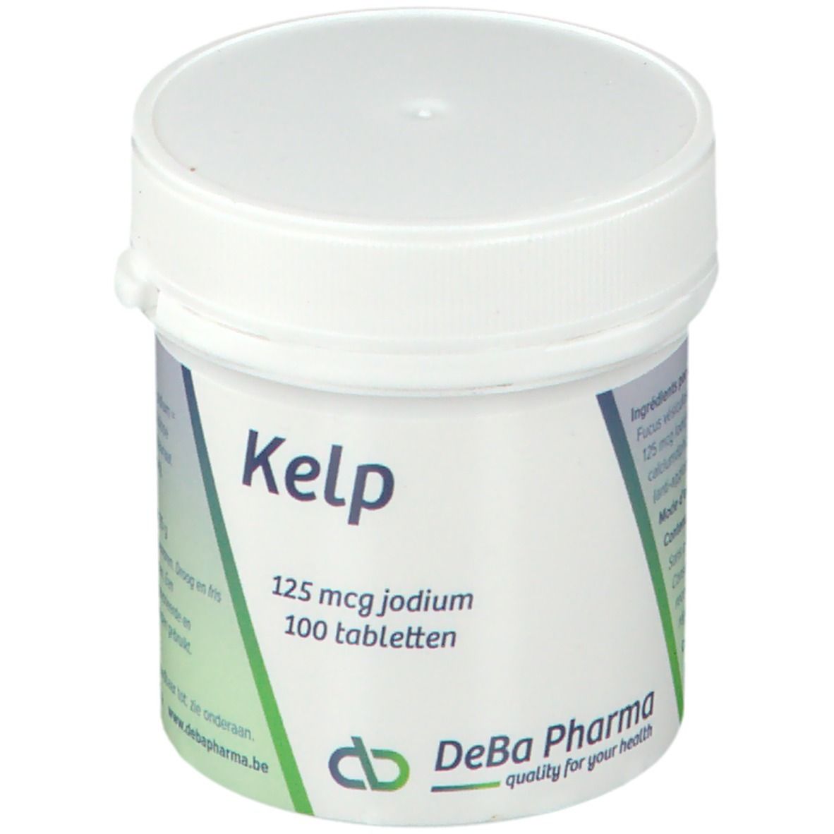 Pot blanc avec étiquette verte. Inscription: Kelp, 125 mcg iode, 100 comprimés. Logo DeBa Pharma.
