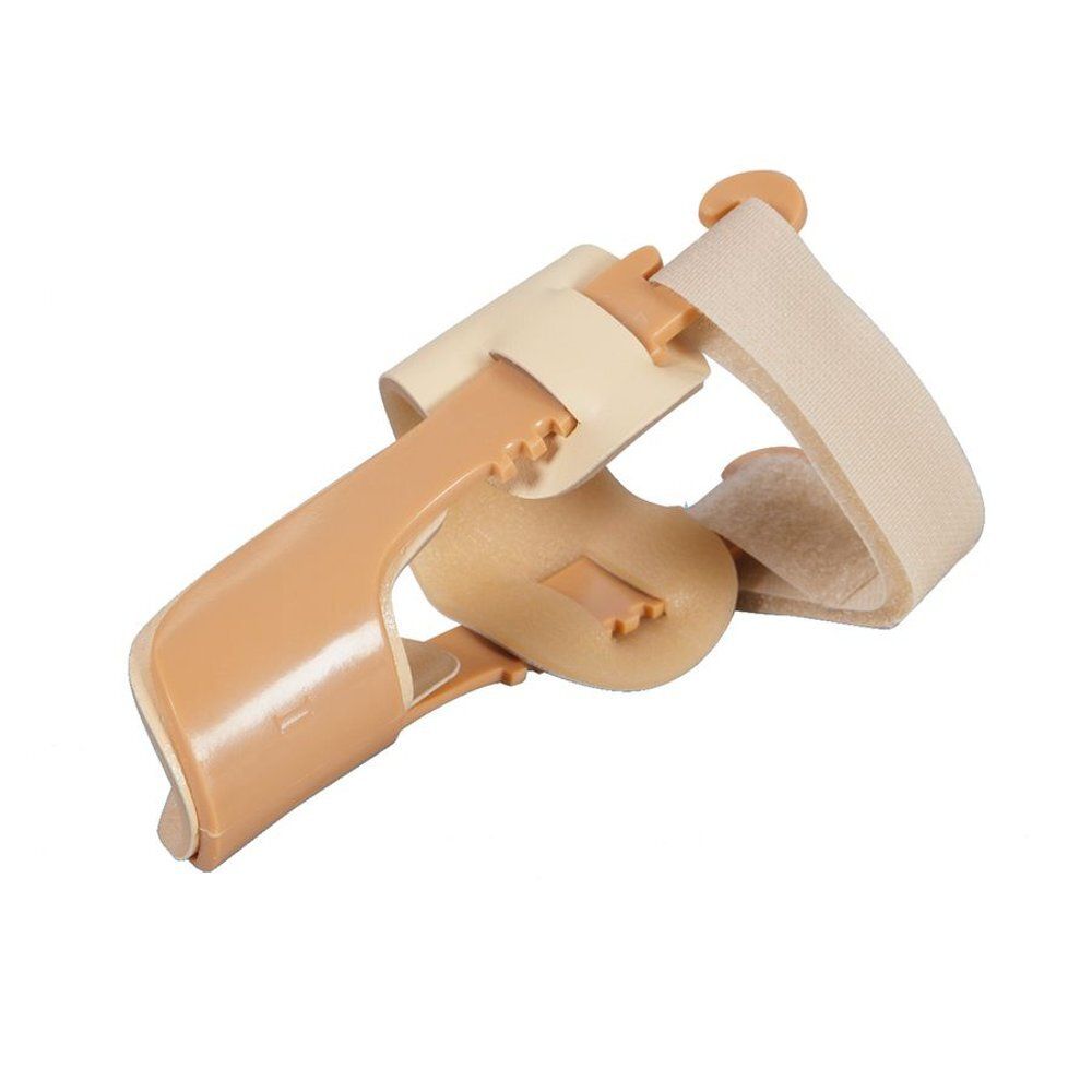 Correcteur de nuit Hallux Valgus beige. Fabriqué en plastique et en tissu. Avec fermeture velcro et articulations.