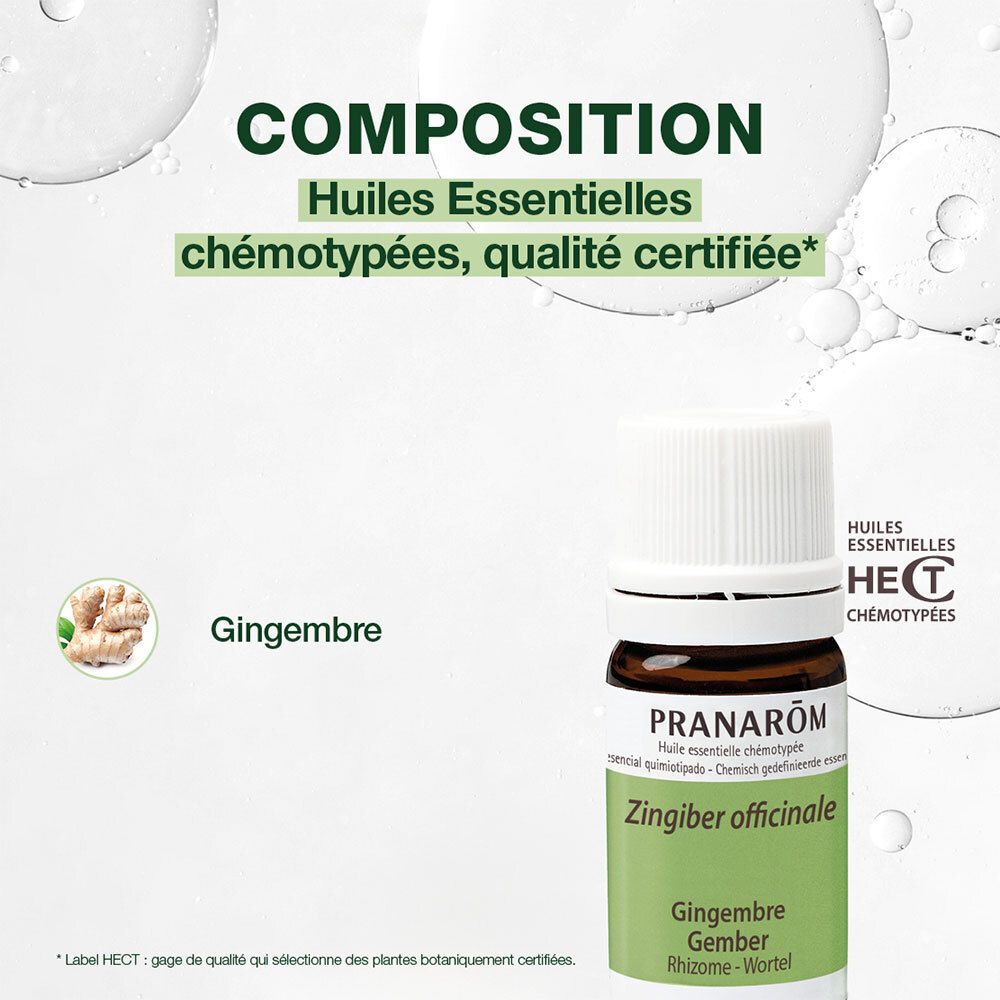 Flacon en verre brun, bouchon blanc. Étiquette avec nom du produit et marque PRANAROM.